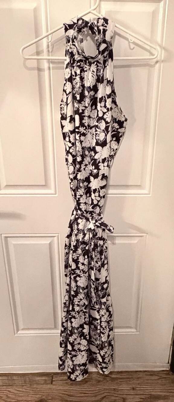 Floral Halter Neck Maxi Dress Size M Black White Sleeveless Ruffle